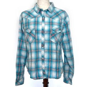 Panhandle Pearl Snap Shirt Top Womens Sz XL Blue Peach Plaid Long Sleeve Western